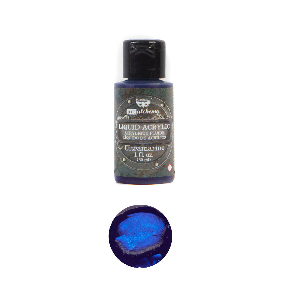 Art Alchemy - Liquid Acrylics, Ultramarine bottle and swatch for premium paints and creative projects.