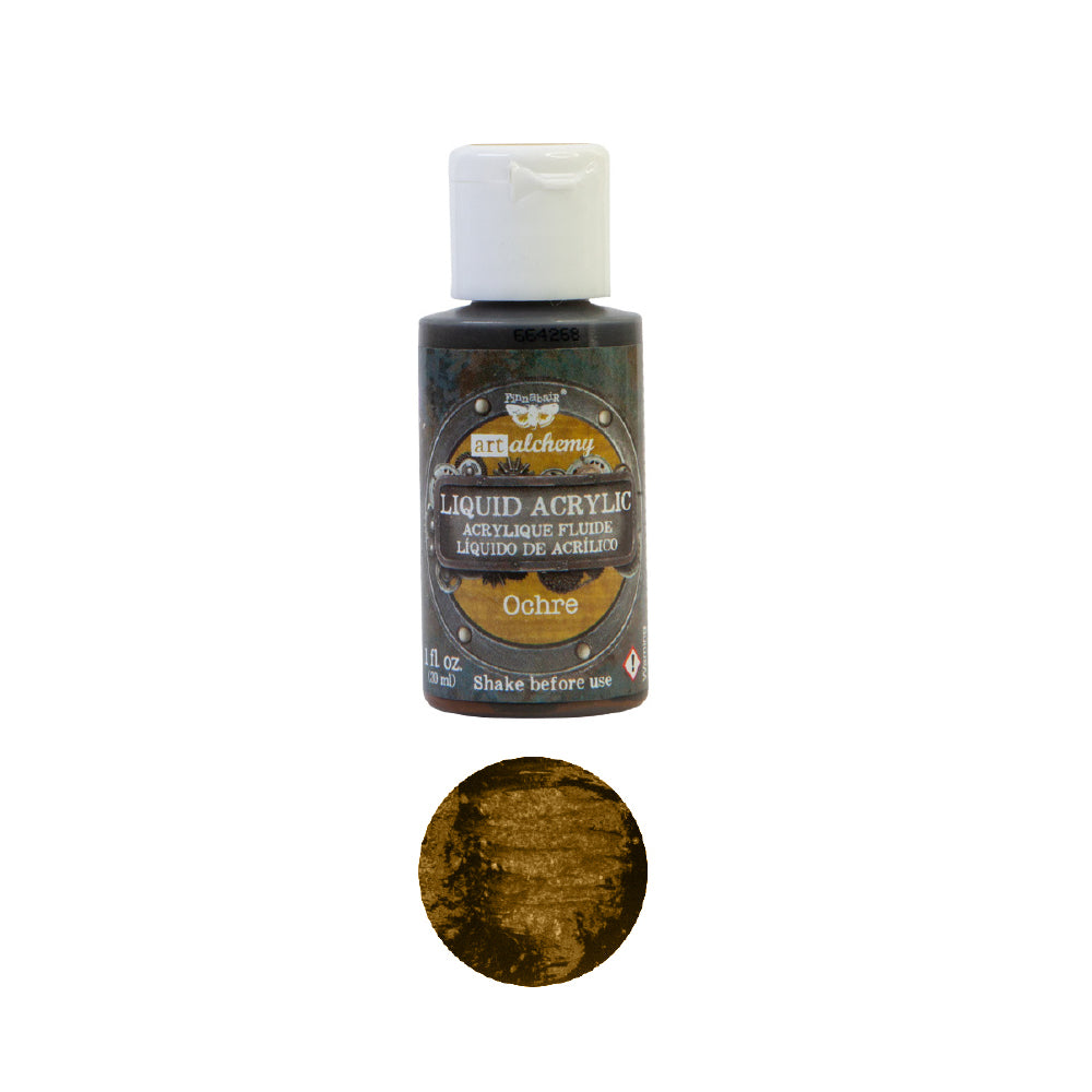 Art Alchemy - Liquid Acrylics, Ochre bottle and swatch for premium paints and creative projects.