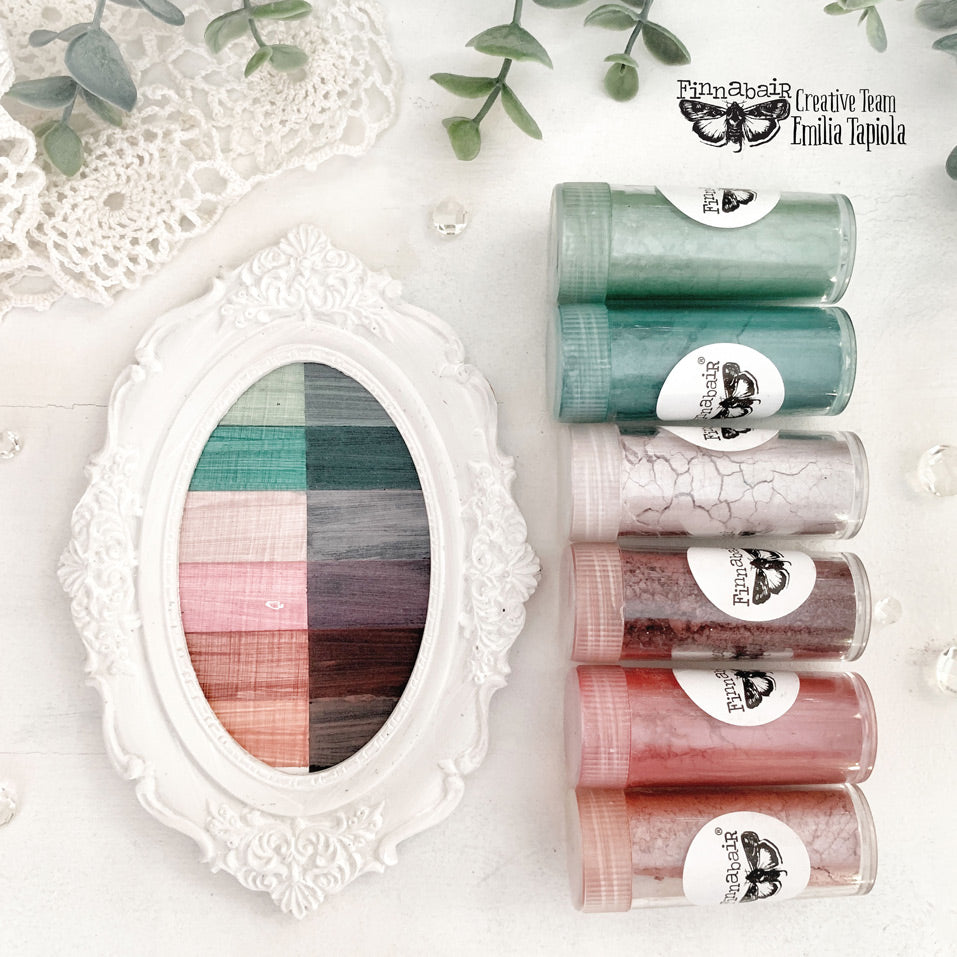 Mica Powder Set, Vintage displayed with decorative frame and various vibrant powders for creative projects and DIY décor.
