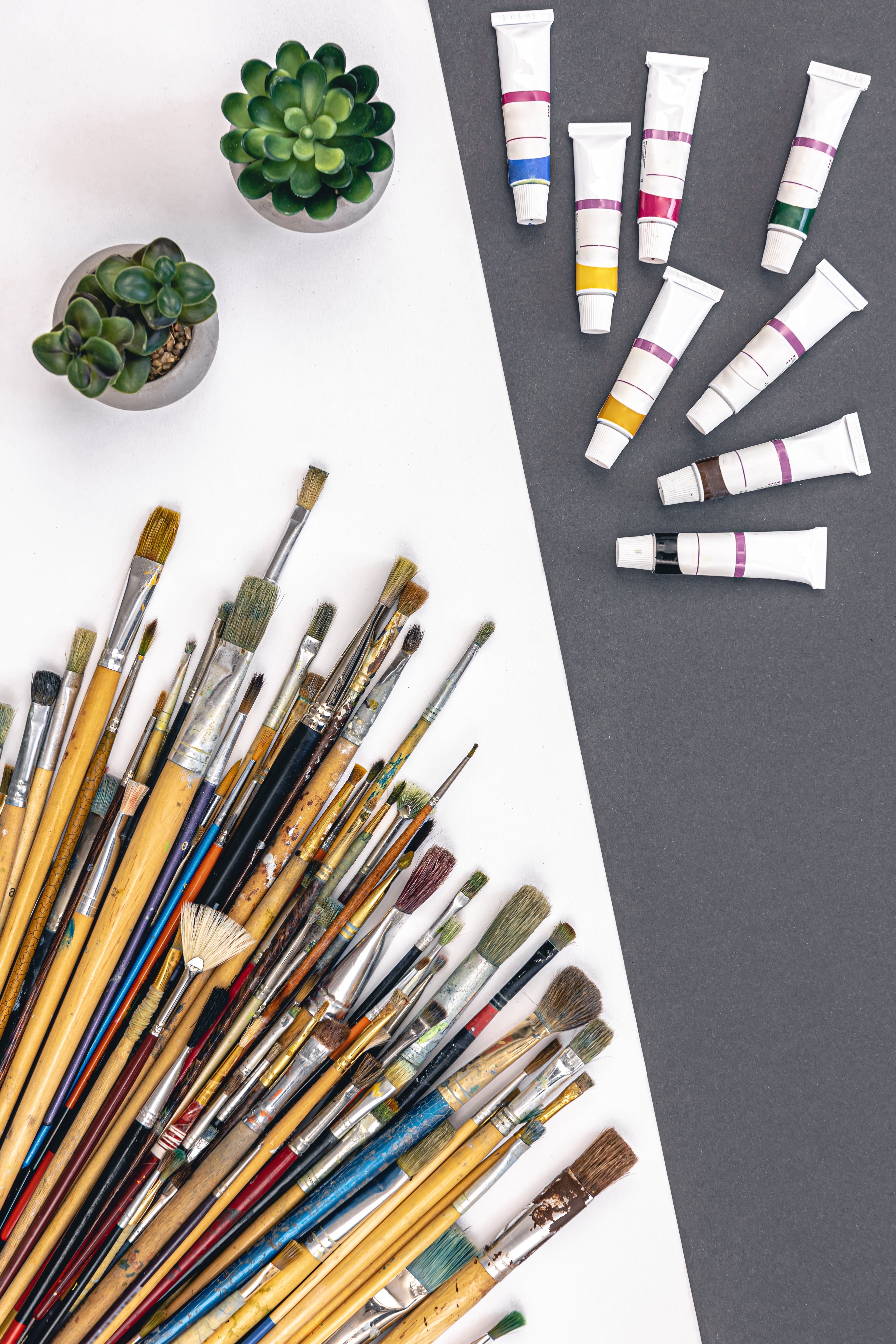 A collection of premium paint supplies including brushes, art tools, and tubes of designer paints for DIY home décor.