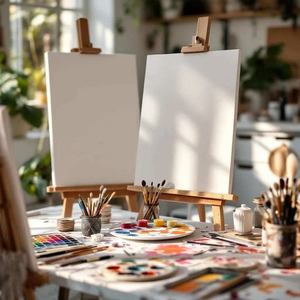 Two blank canvases on easels surrounded by painting tools, palettes, and craft supplies for DIY home décor and art projects.