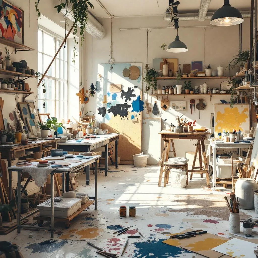 Bright creative studio filled with premium paints, art tools, and decorative stencils for modern DIY home décor projects.