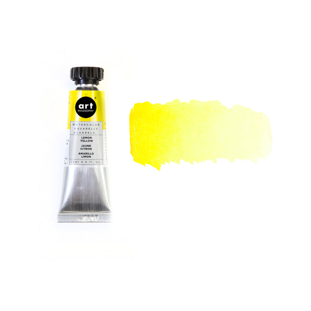 Art Philosophy Artist Grade Watercolors, 0.5 fl oz. vibrant yellow watercolor tube and swatch for DIY décor and creative projects.