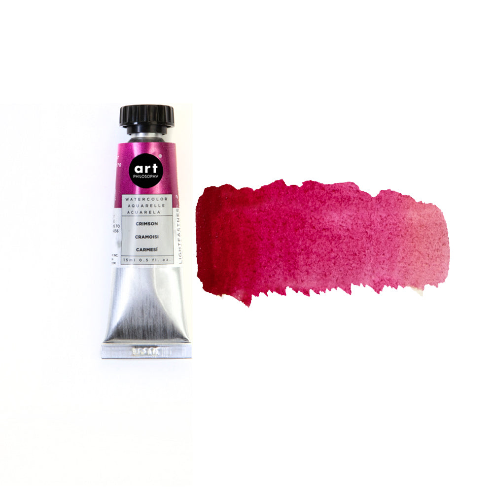 Art Philosophy Artist Grade Watercolors, 0.5 fl oz. tube with vibrant crimson watercolor swatch for premium art projects.