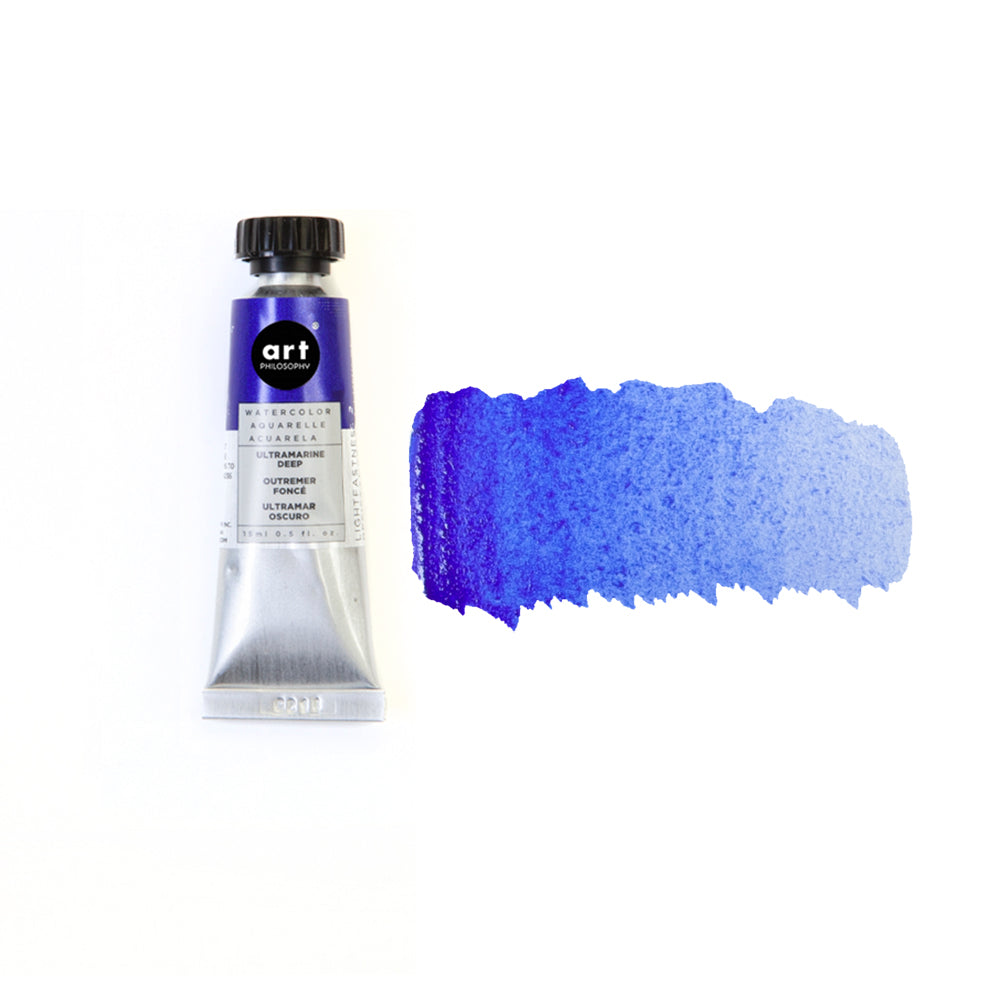 Art Philosophy Artist Grade Watercolors, 0.5 fl oz. tube with vibrant blue watercolor swatch for creative projects.