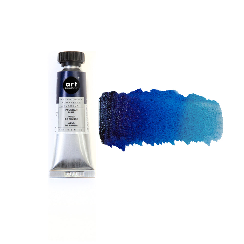 Art Philosophy Artist Grade Watercolors, 0.5 fl oz tube next to vibrant blue watercolor spread for premium art projects.
