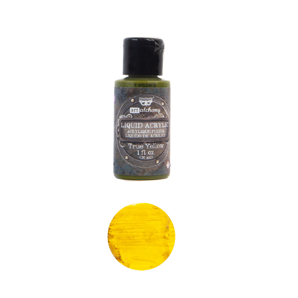 Art Alchemy - Liquid Acrylics, True Yellow bottle with vibrant yellow swatch for creative projects and DIY décor.