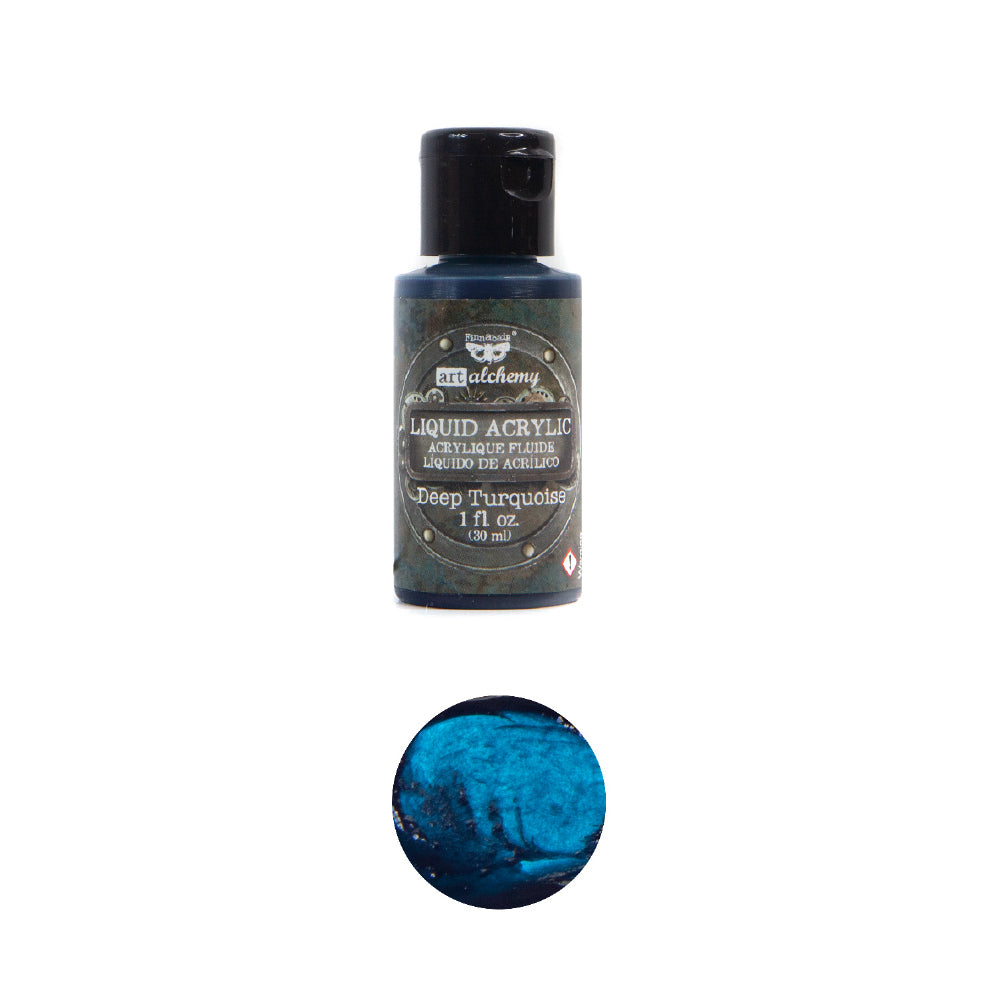 Art Alchemy - Liquid Acrylics, Deep Turquoise bottle and swatch for premium paints and creative projects.