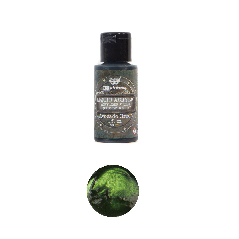 Art Alchemy - Liquid Acrylics, Avocado Green bottle and color swatch for DIY décor and art projects.