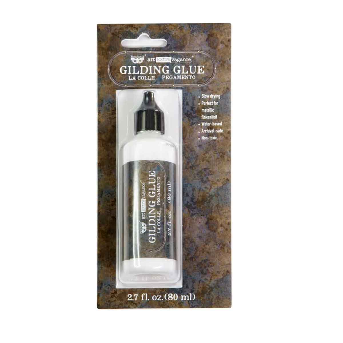 Gilding Glue bottle for adhering metal flakes in creative projects and DIY décor available in Texas design supplies.