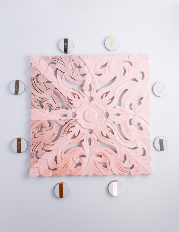 Decorative accent featuring intricate design, showcasing Furniture Wax finish alongside color samples for DIY décor projects.