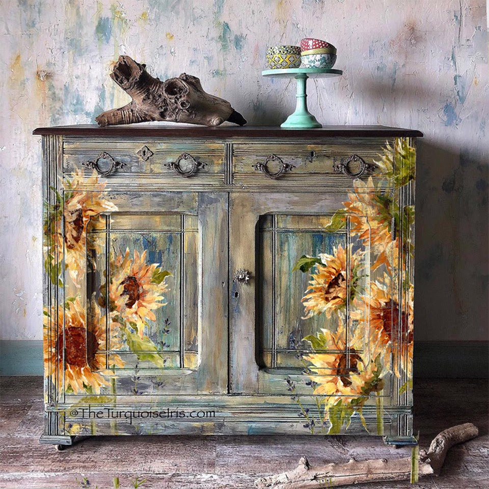 Vintage wooden cabinet adorned with sunflower designs, ideal for modern home décor and creative DIY décor supplies.