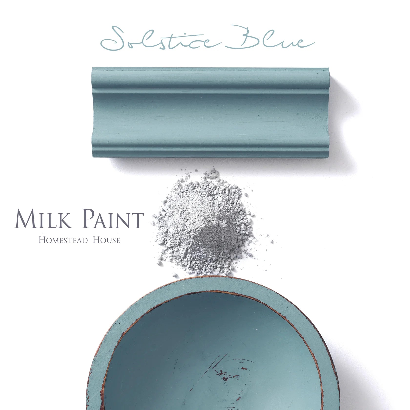 Solstice Blue milk paint sample, powder, and bowl by Homestead House; ideal for DIY décor and artisanal home design.