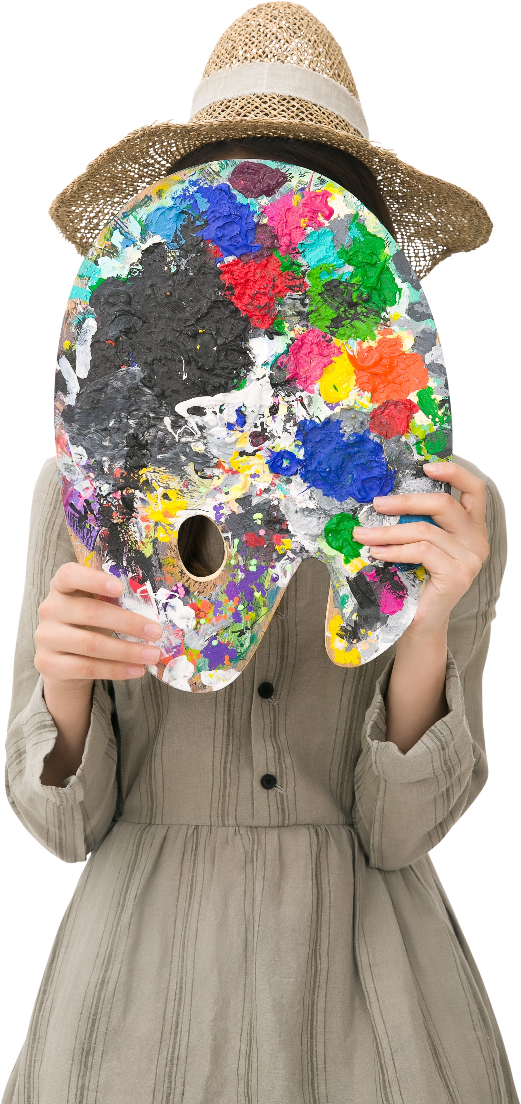 Woman holding a colorful paint palette, showcasing premium art supplies and creative tools for modern DIY home décor.