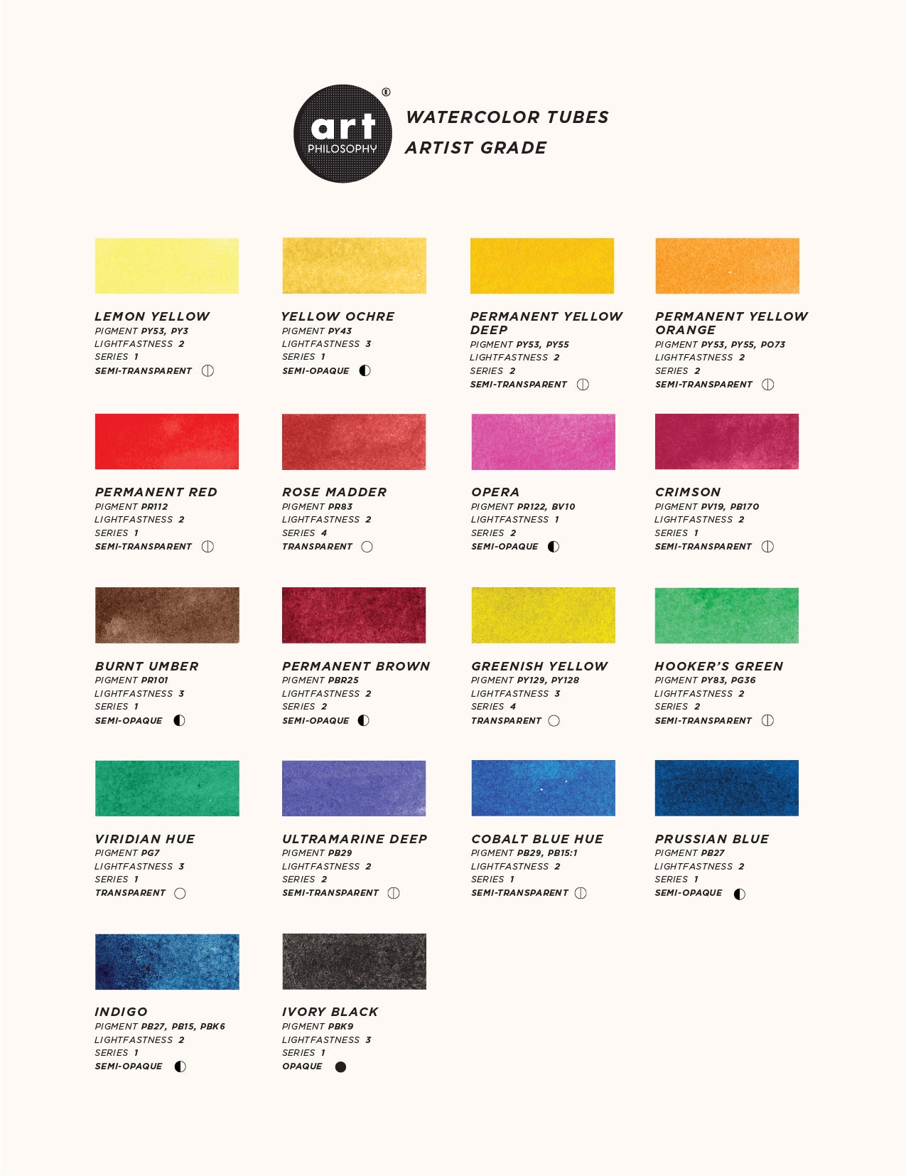 Art Philosophy Artist Grade Watercolors, 0.5 fl oz. color swatches showcasing premium paint pigmentation.