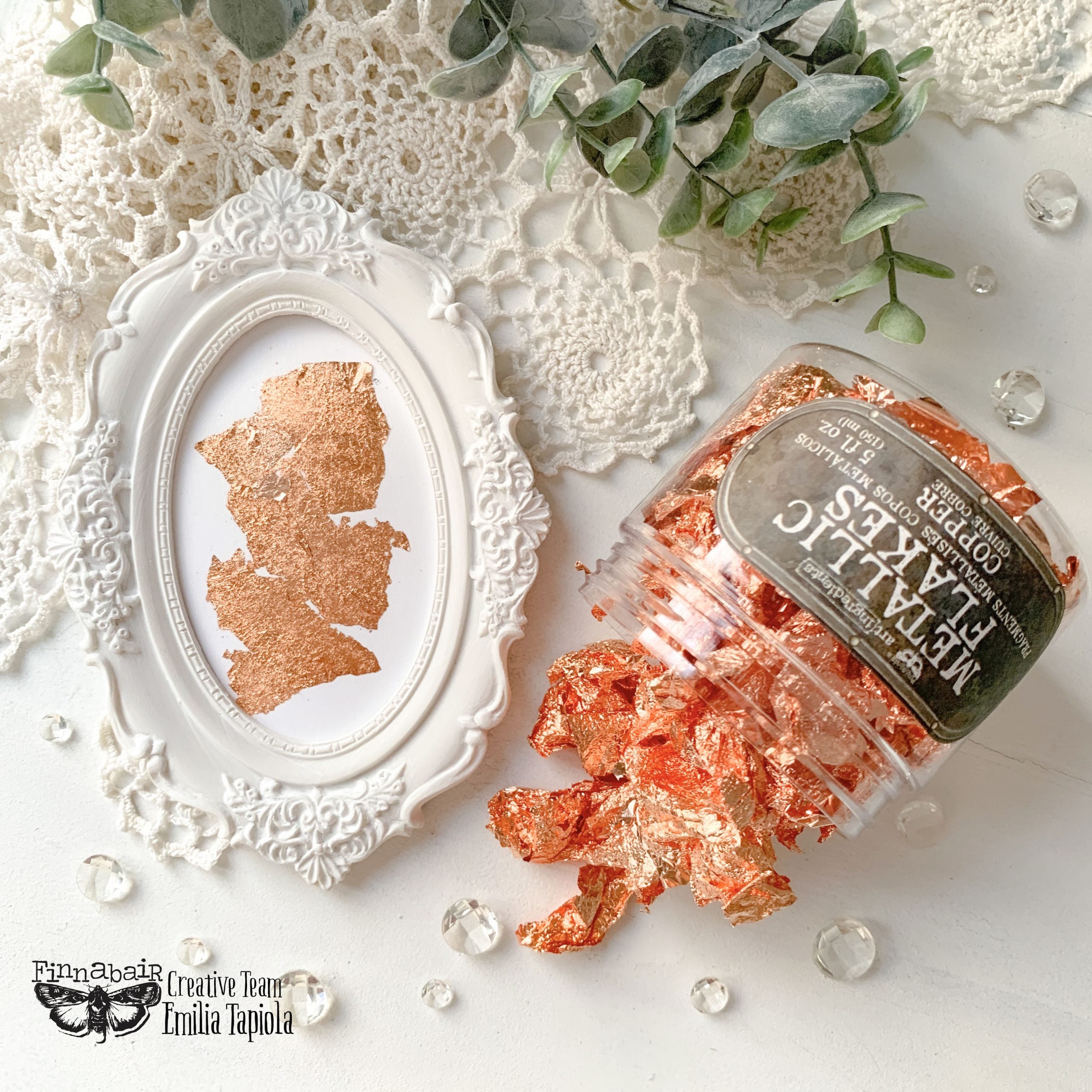 Fine Mica Flakes, Copper in a jar, showcasing their shiny metallic finish, ideal for DIY décor and creative projects.