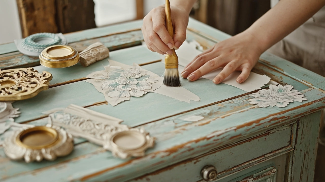 Hand using premium paints and decorative stencils on a distressed blue table, showcasing DIY décor and creative tools.