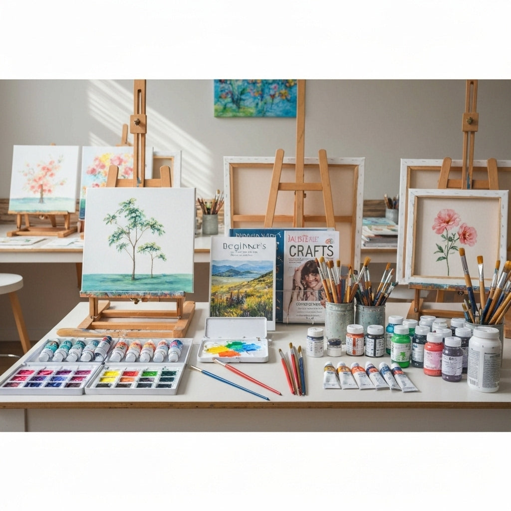 Art studio with premium paints, designer brushes, and décor supplies for creative DIY projects and wall art stencils.