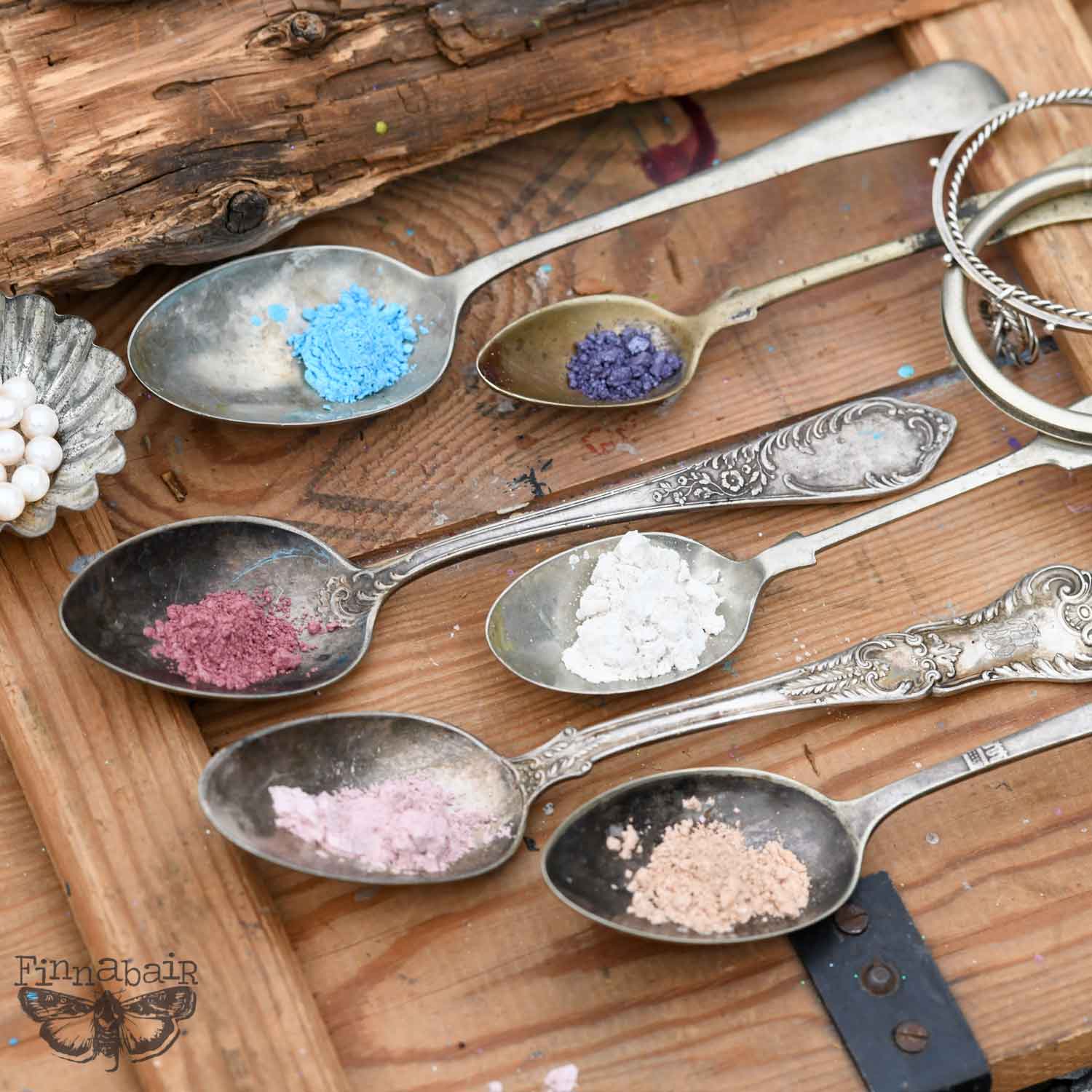 Mica Powder Set, Pearls and Crystals displayed in vintage spoons for creative projects and DIY décor.
