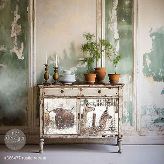 Rustic retreat furniture with plants and decor against a weathered green wall, perfect for modern home décor and DIY décor supplies.